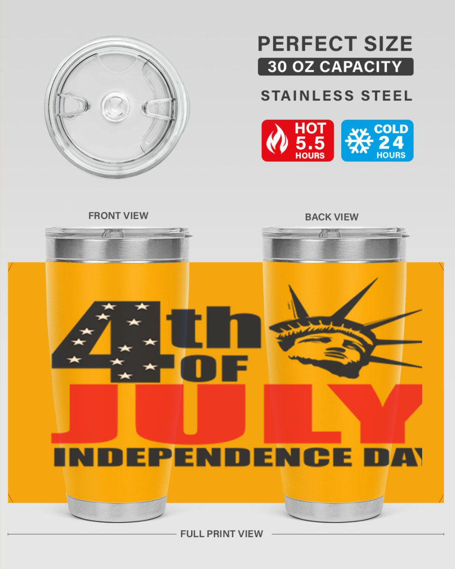 4th of July Independence Day tumbler featuring a vibrant design, double wall vacuum insulation, and a press-in drink-thru lid.