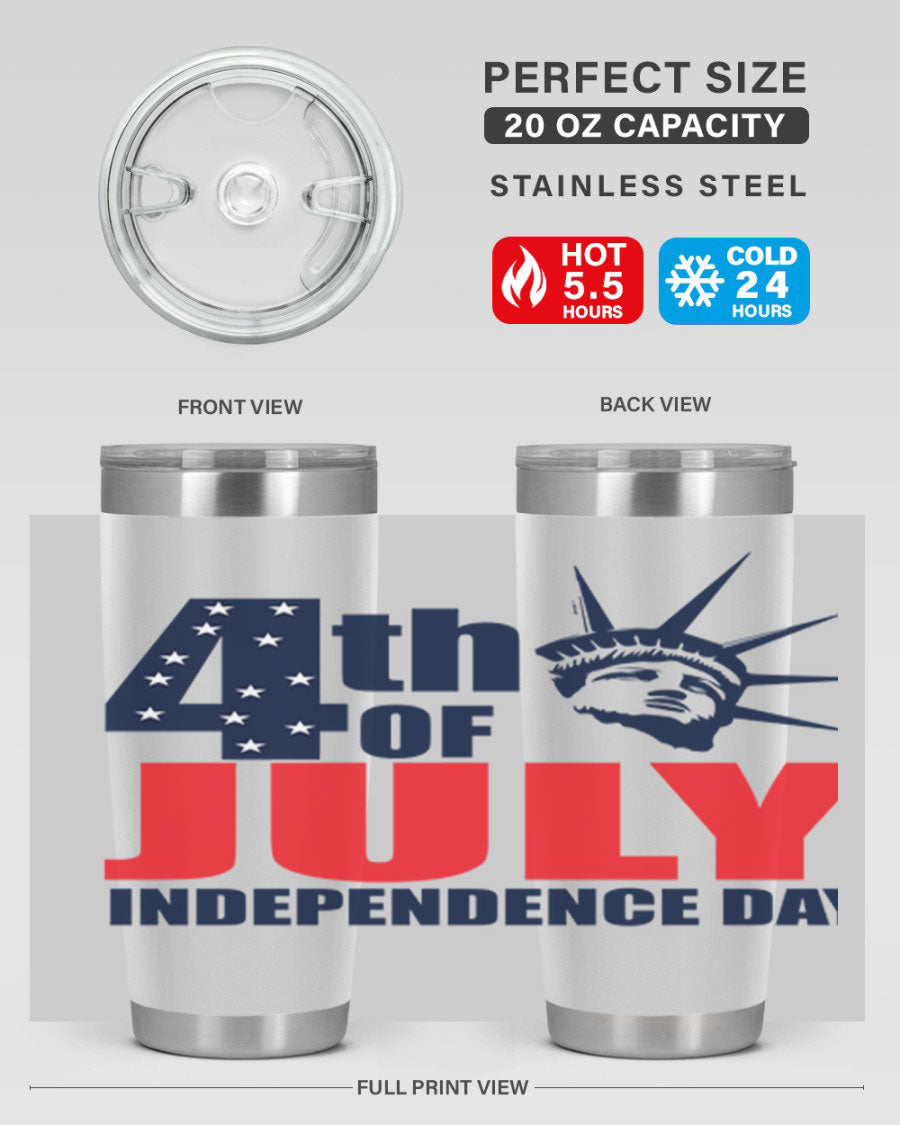 4th of July Independence Day tumbler featuring a vibrant design, double wall vacuum insulation, and a press-in drink-thru lid.
