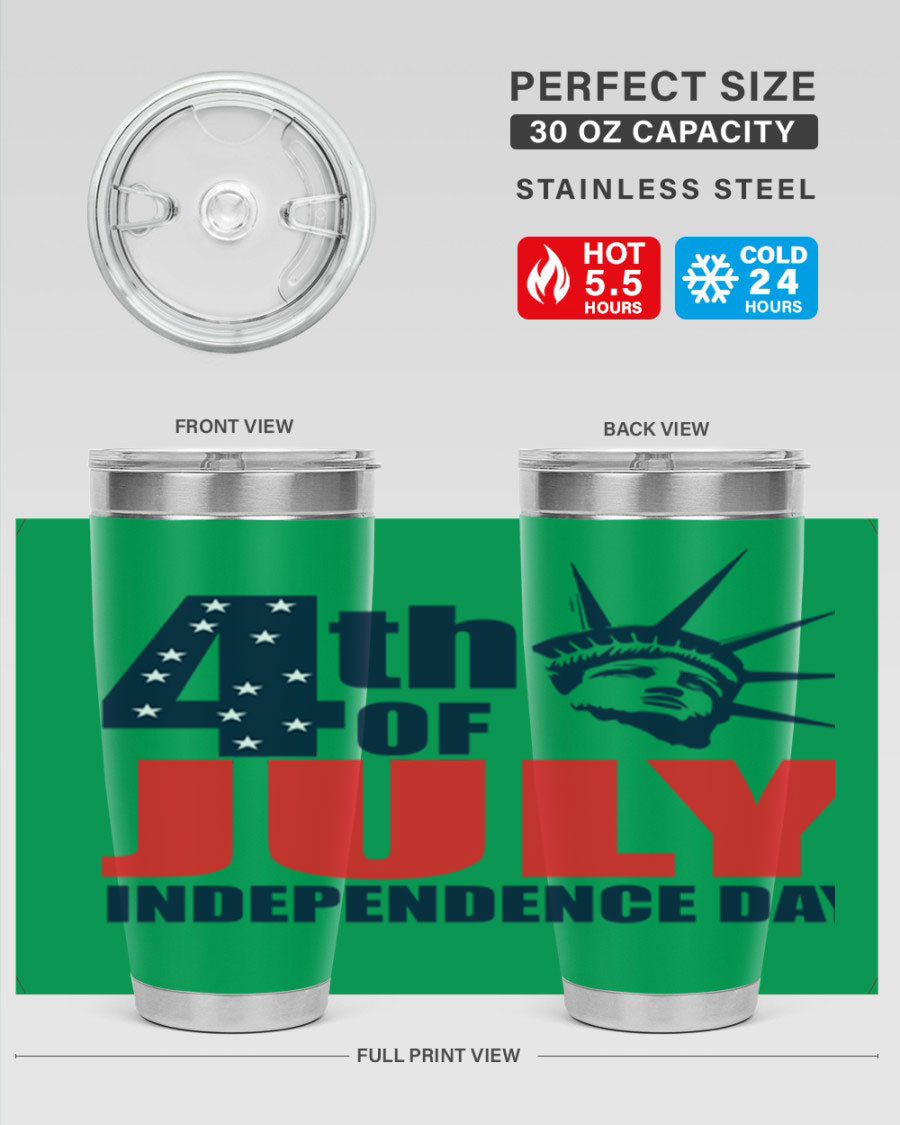 4th of July Independence Day tumbler featuring a vibrant design, double wall vacuum insulation, and a press-in drink-thru lid.