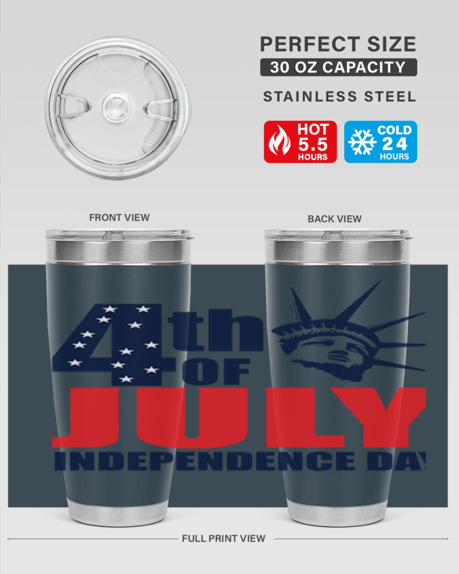 4th of July Independence Day tumbler featuring a vibrant design, double wall vacuum insulation, and a press-in drink-thru lid.