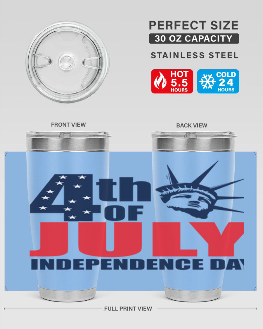 4th of July Independence Day tumbler featuring a vibrant design, double wall vacuum insulation, and a press-in drink-thru lid.