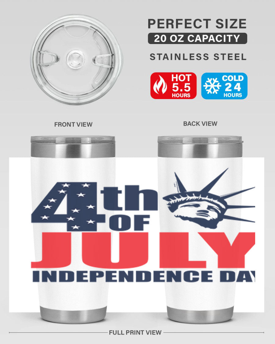 4th of July Independence Day tumbler featuring a vibrant design, double wall vacuum insulation, and a press-in drink-thru lid.