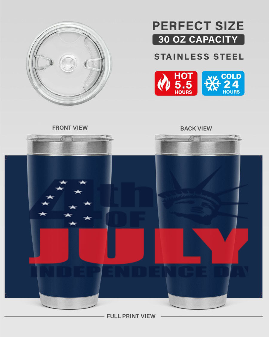 4th of July Independence Day tumbler featuring a vibrant design, double wall vacuum insulation, and a press-in drink-thru lid.
