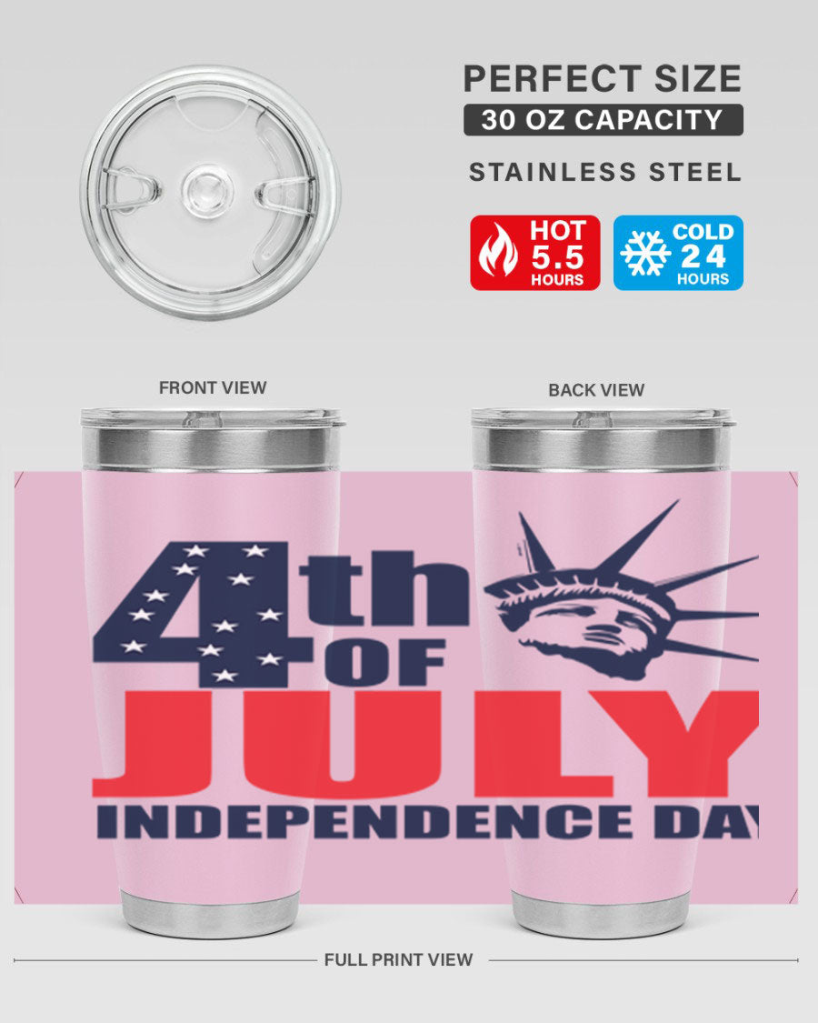 4th of July Independence Day tumbler featuring a vibrant design, double wall vacuum insulation, and a press-in drink-thru lid.