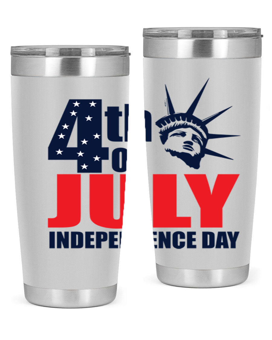 4th of July Independence Day tumbler featuring a vibrant design, double wall vacuum insulation, and a press-in drink-thru lid.