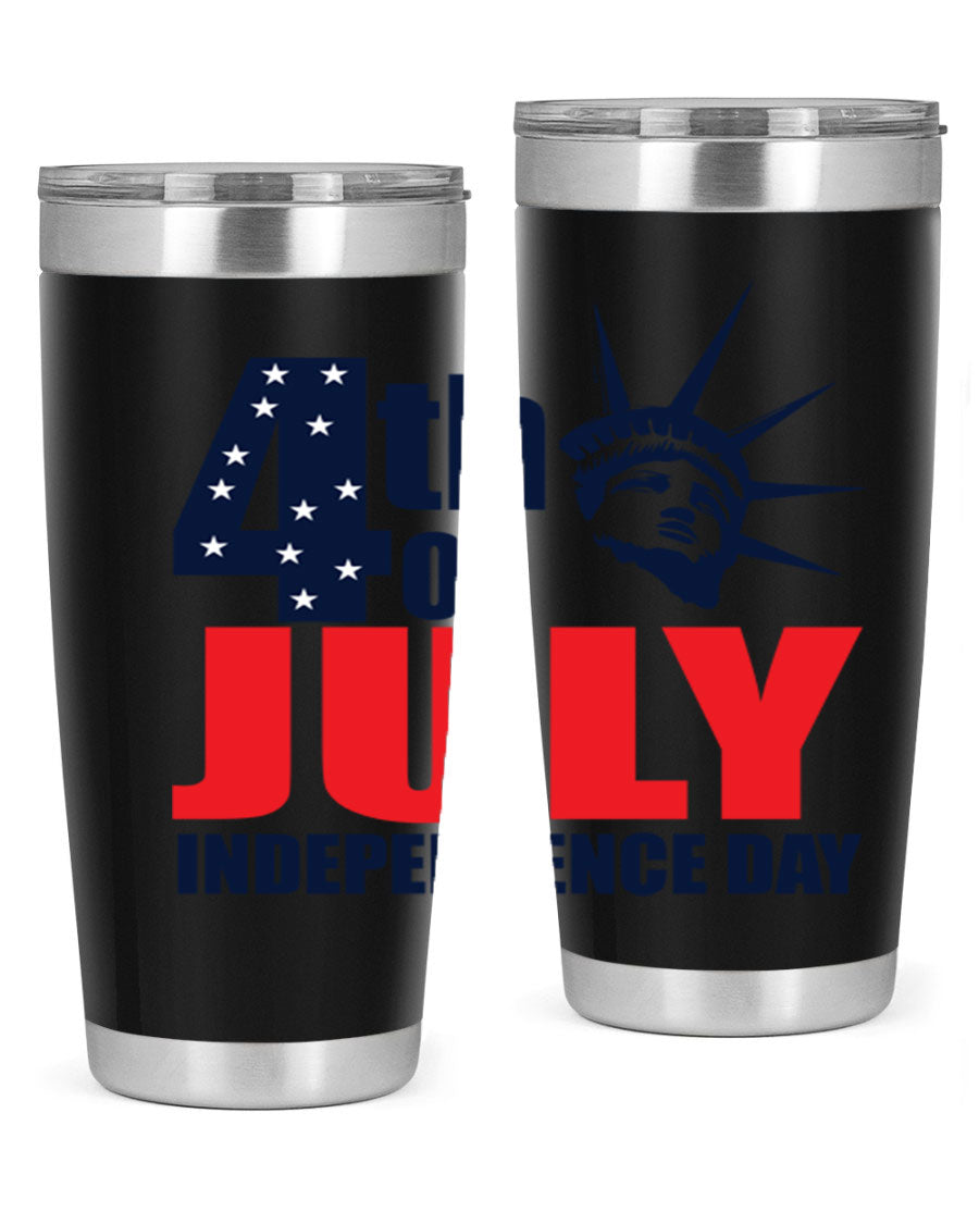 4th of July Independence Day tumbler featuring a vibrant design, double wall vacuum insulation, and a press-in drink-thru lid.