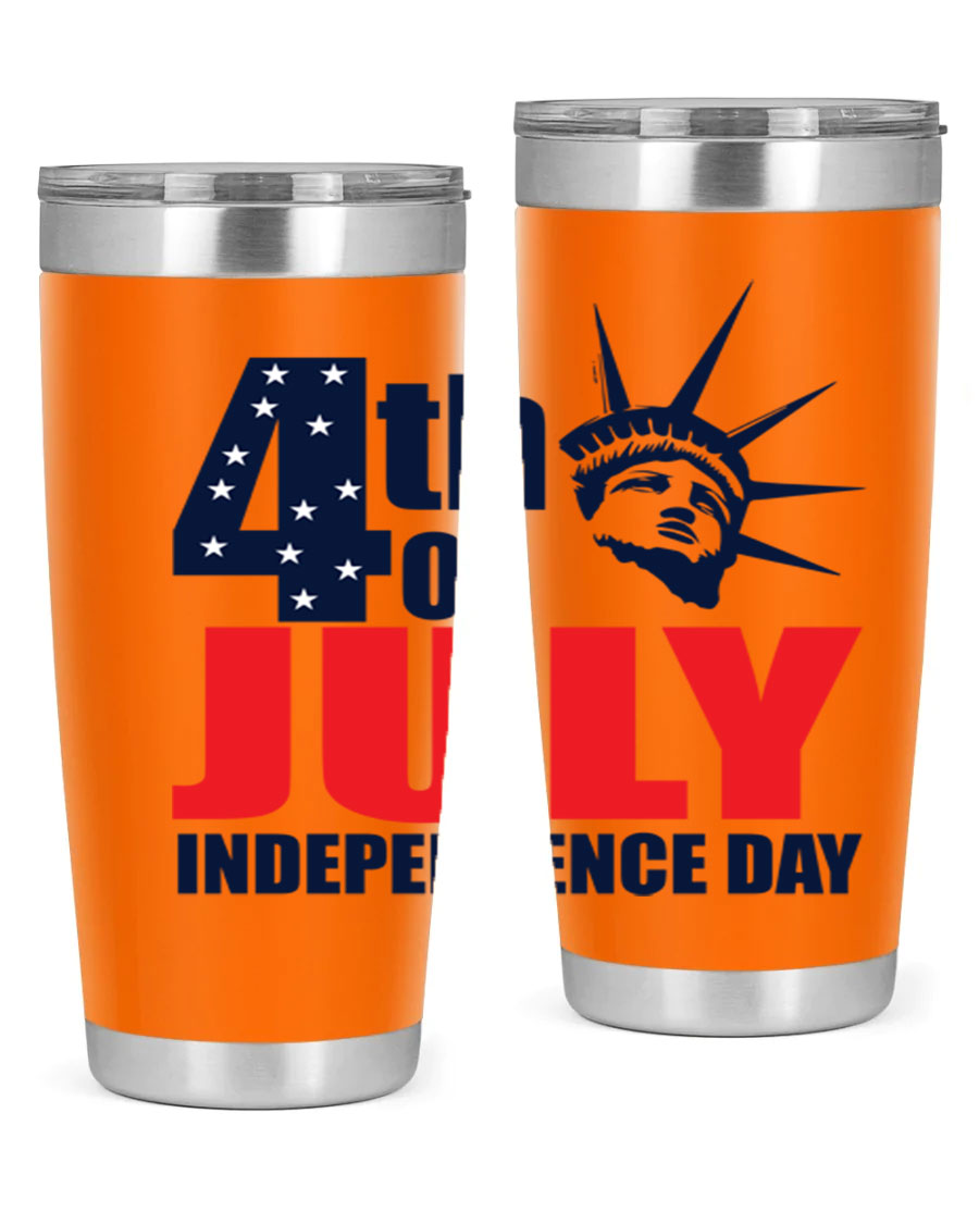 4th of July Independence Day tumbler featuring a vibrant design, double wall vacuum insulation, and a press-in drink-thru lid.
