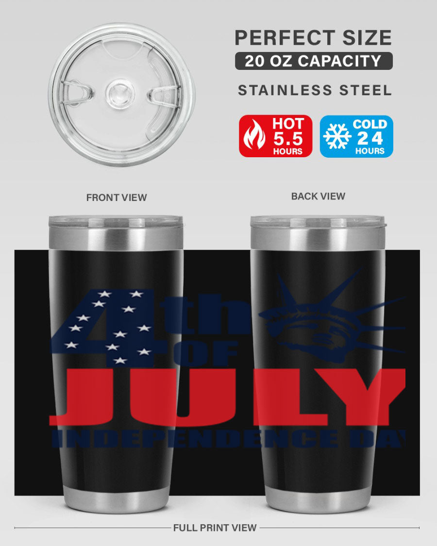 4th of July Independence Day tumbler featuring a vibrant design, double wall vacuum insulation, and a press-in drink-thru lid.