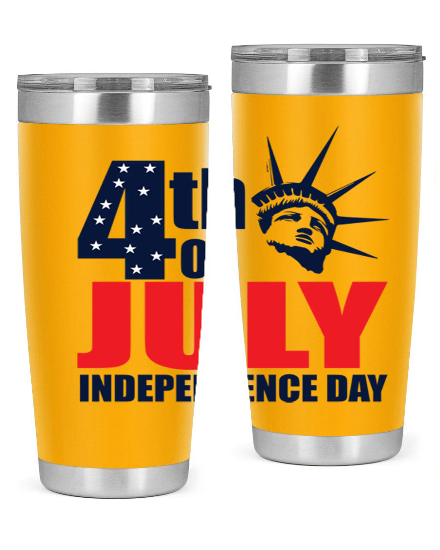 4th of July Independence Day tumbler featuring a vibrant design, double wall vacuum insulation, and a press-in drink-thru lid.