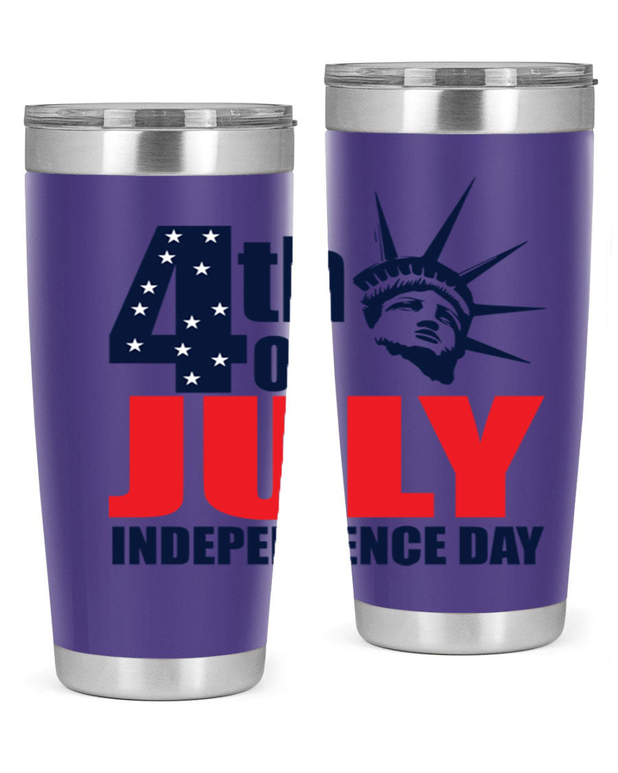 4th of July Independence Day tumbler featuring a vibrant design, double wall vacuum insulation, and a press-in drink-thru lid.