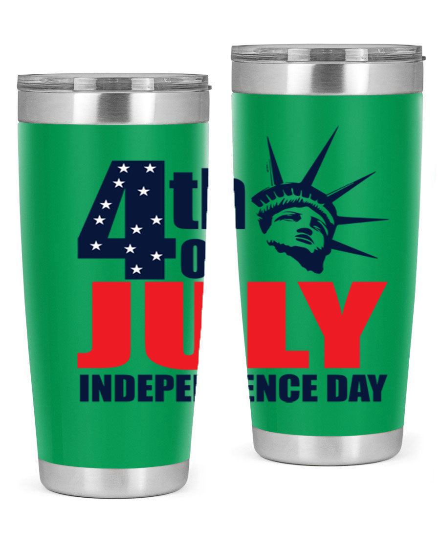4th of July Independence Day tumbler featuring a vibrant design, double wall vacuum insulation, and a press-in drink-thru lid.