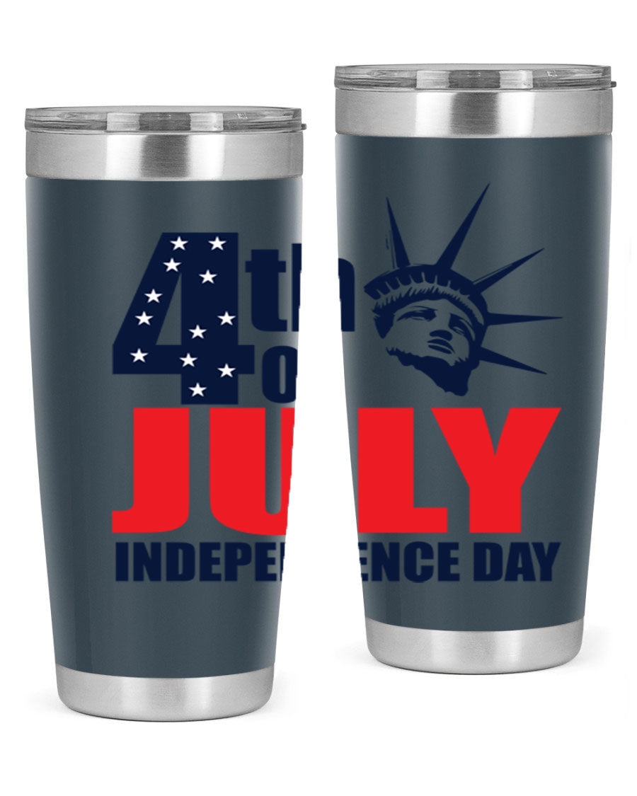 4th of July Independence Day tumbler featuring a vibrant design, double wall vacuum insulation, and a press-in drink-thru lid.