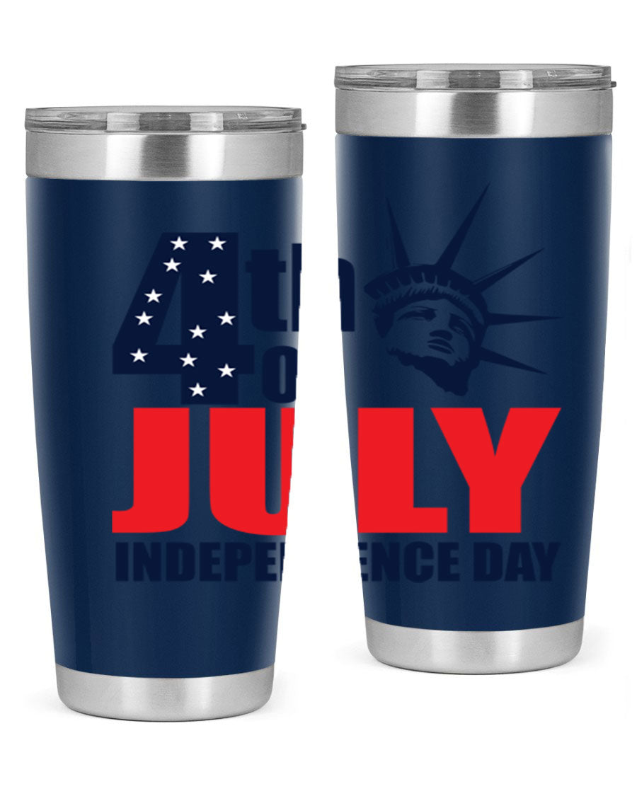 4th of July Independence Day tumbler featuring a vibrant design, double wall vacuum insulation, and a press-in drink-thru lid.