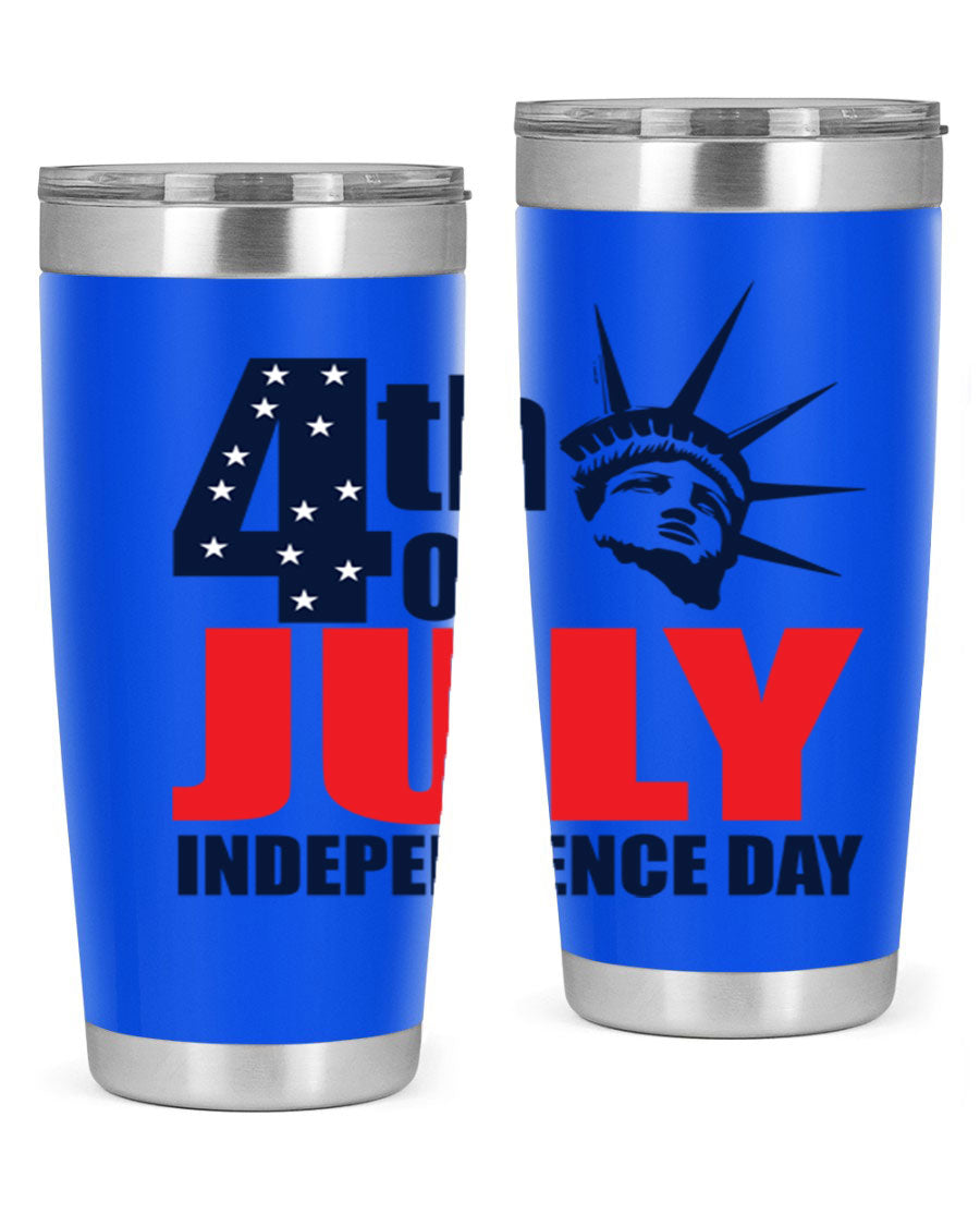 4th of July Independence Day tumbler featuring a vibrant design, double wall vacuum insulation, and a press-in drink-thru lid.