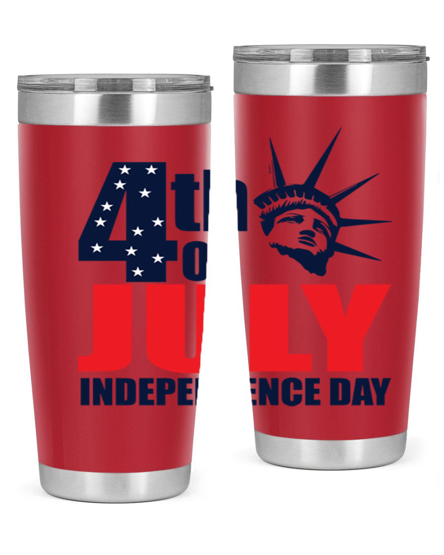 4th of July Independence Day tumbler featuring a vibrant design, double wall vacuum insulation, and a press-in drink-thru lid.