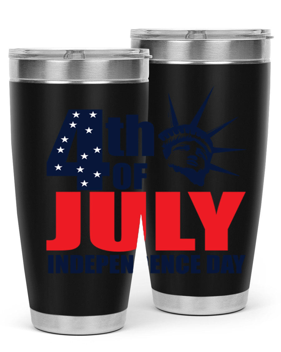 4th of July Independence Day tumbler featuring a vibrant design, double wall vacuum insulation, and a press-in drink-thru lid.