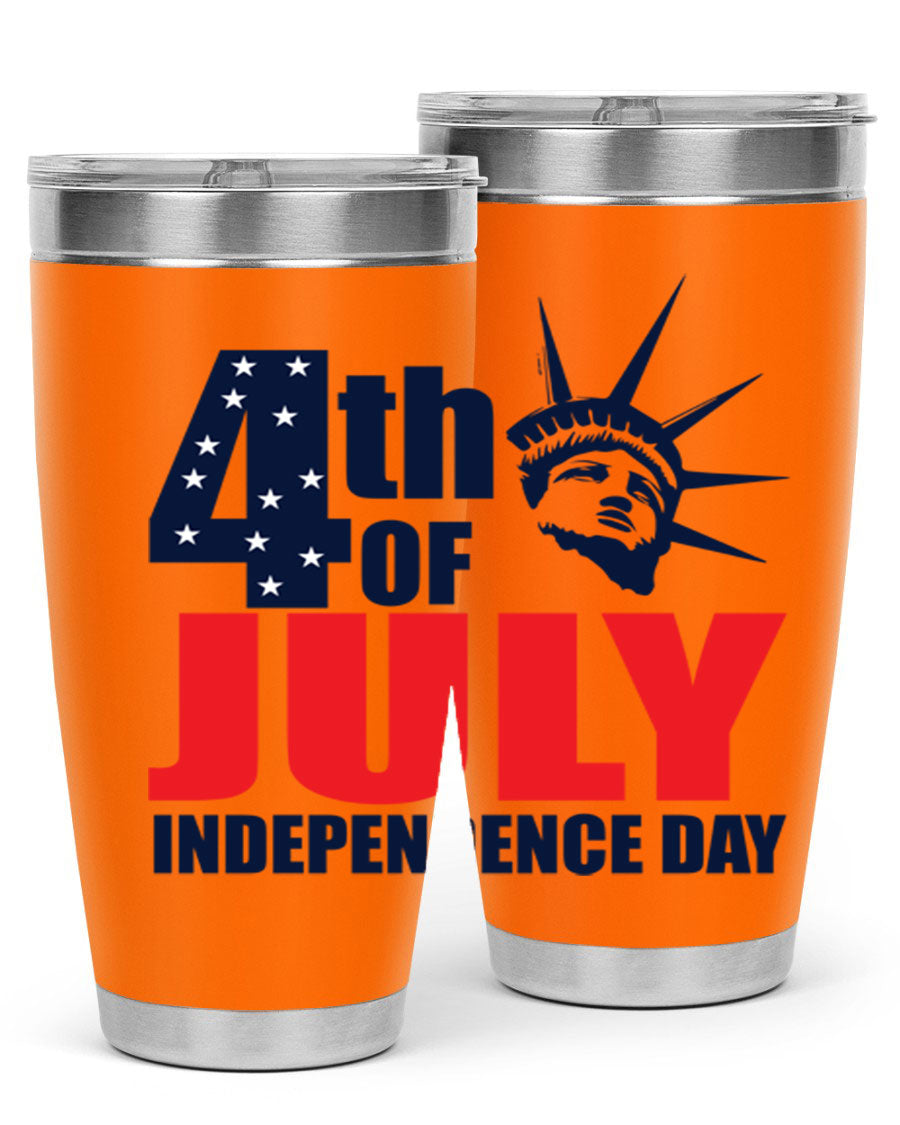 4th of July Independence Day tumbler featuring a vibrant design, double wall vacuum insulation, and a press-in drink-thru lid.