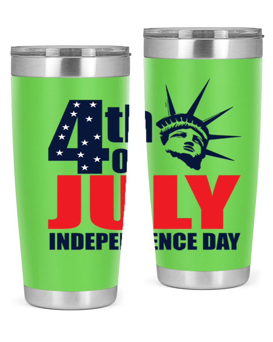 4th of July Independence Day tumbler featuring a vibrant design, double wall vacuum insulation, and a press-in drink-thru lid.