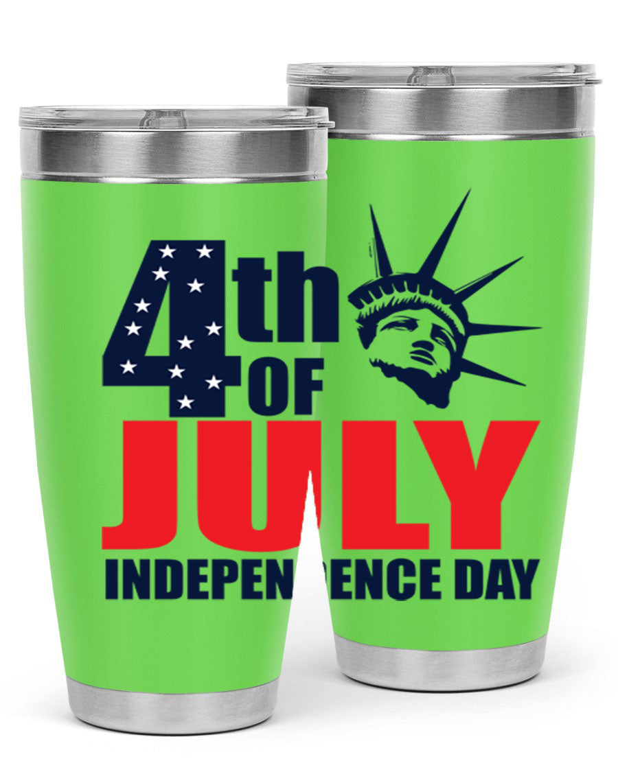 4th of July Independence Day tumbler featuring a vibrant design, double wall vacuum insulation, and a press-in drink-thru lid.
