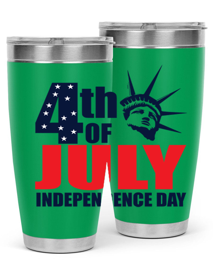 4th of July Independence Day tumbler featuring a vibrant design, double wall vacuum insulation, and a press-in drink-thru lid.