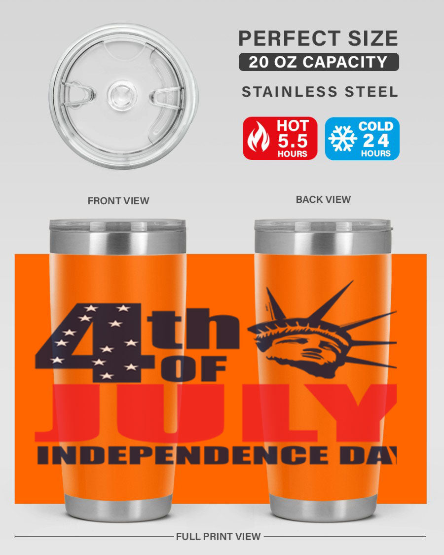 4th of July Independence Day tumbler featuring a vibrant design, double wall vacuum insulation, and a press-in drink-thru lid.