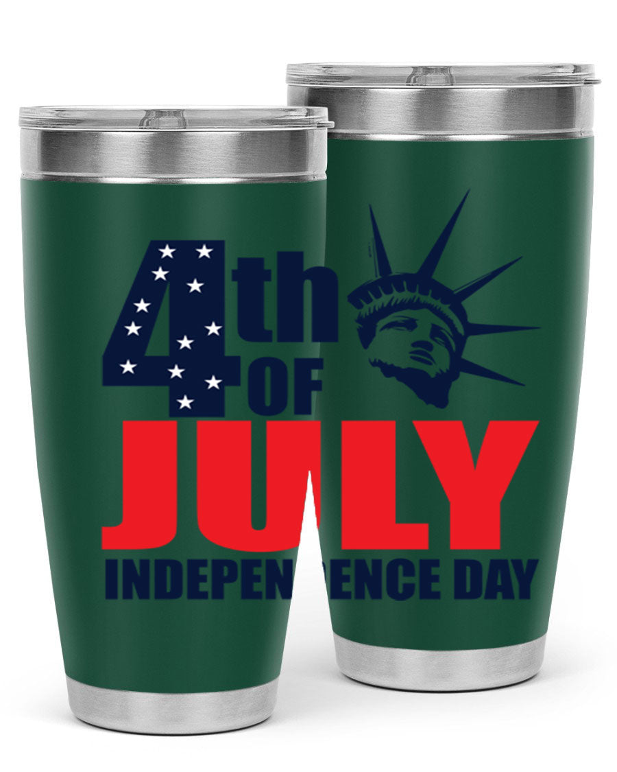 4th of July Independence Day tumbler featuring a vibrant design, double wall vacuum insulation, and a press-in drink-thru lid.