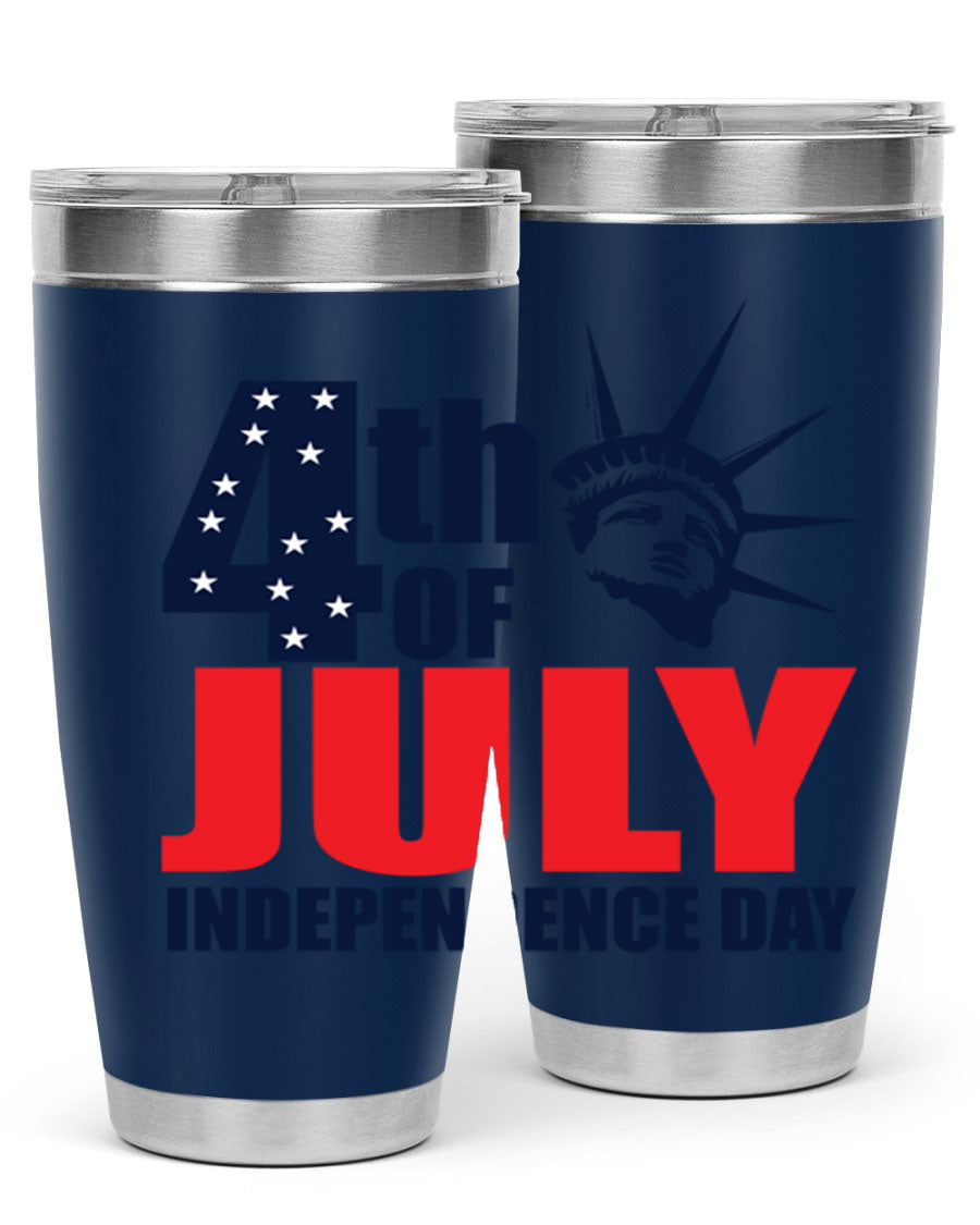 4th of July Independence Day tumbler featuring a vibrant design, double wall vacuum insulation, and a press-in drink-thru lid.