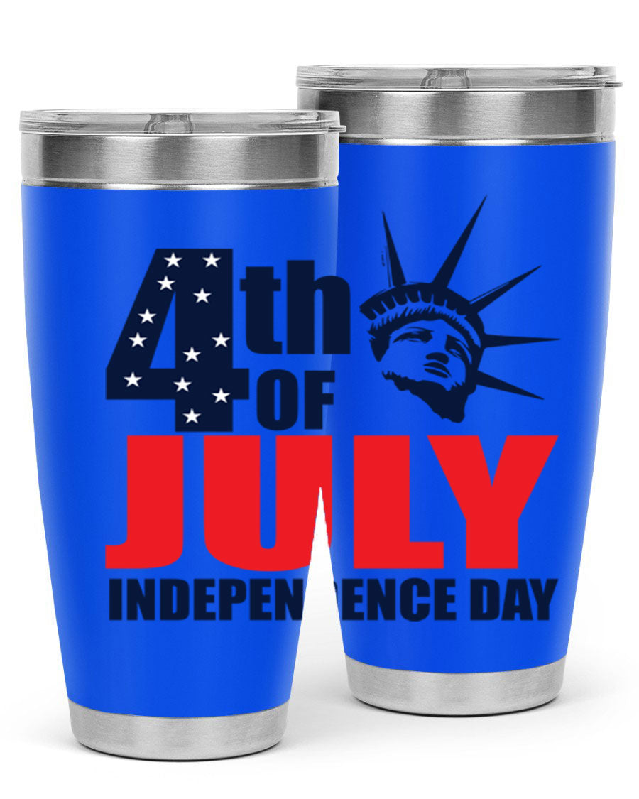 4th of July Independence Day tumbler featuring a vibrant design, double wall vacuum insulation, and a press-in drink-thru lid.
