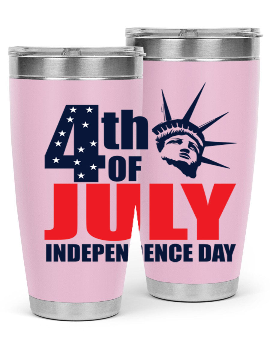 4th of July Independence Day tumbler featuring a vibrant design, double wall vacuum insulation, and a press-in drink-thru lid.