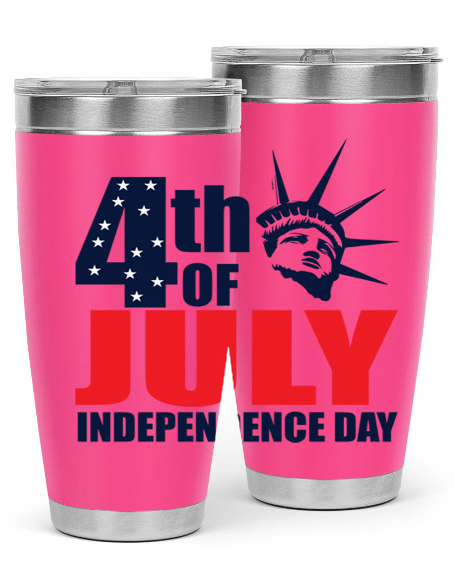 4th of July Independence Day tumbler featuring a vibrant design, double wall vacuum insulation, and a press-in drink-thru lid.