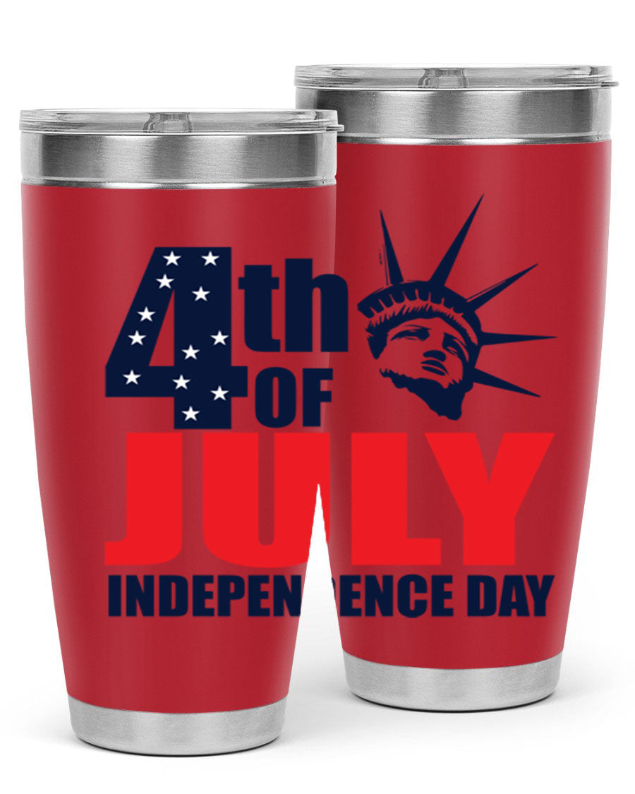4th of July Independence Day tumbler featuring a vibrant design, double wall vacuum insulation, and a press-in drink-thru lid.