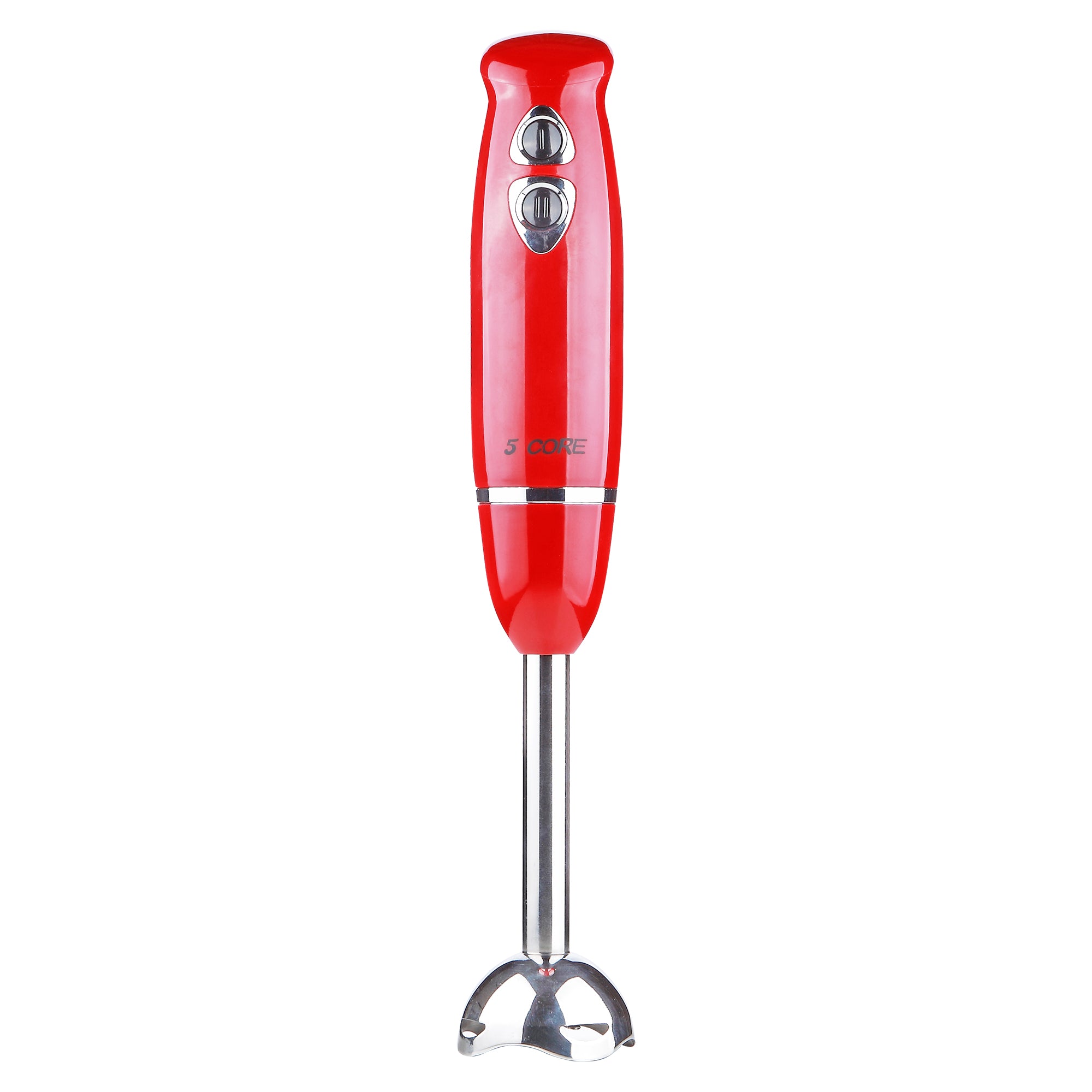 5Core Immersion Hand Blender with a sleek red design and ergonomic handle, showcasing its stainless steel immersion shaft and adjustable speed settings.