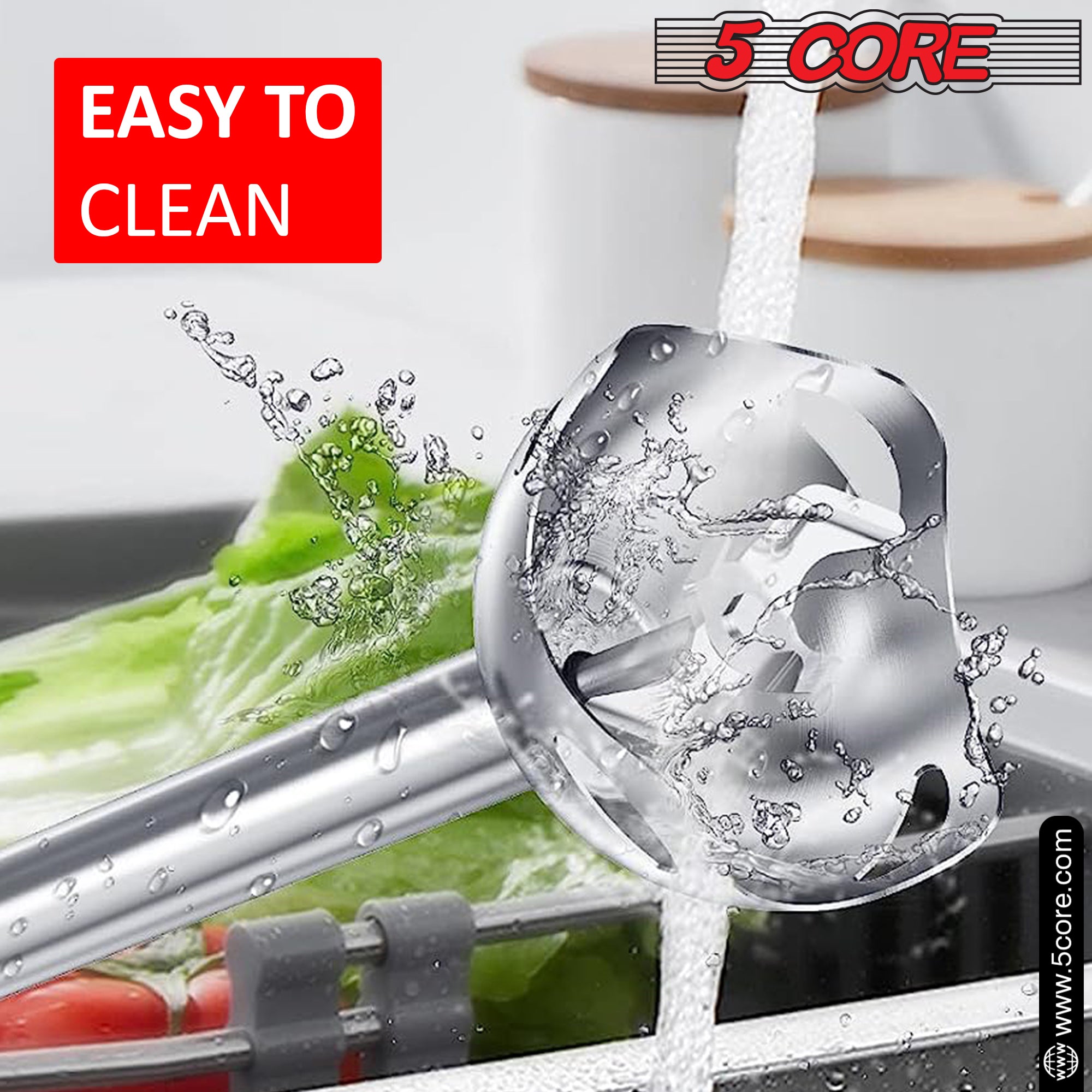 5Core Immersion Hand Blender with a sleek red design and ergonomic handle, showcasing its stainless steel immersion shaft and adjustable speed settings.
