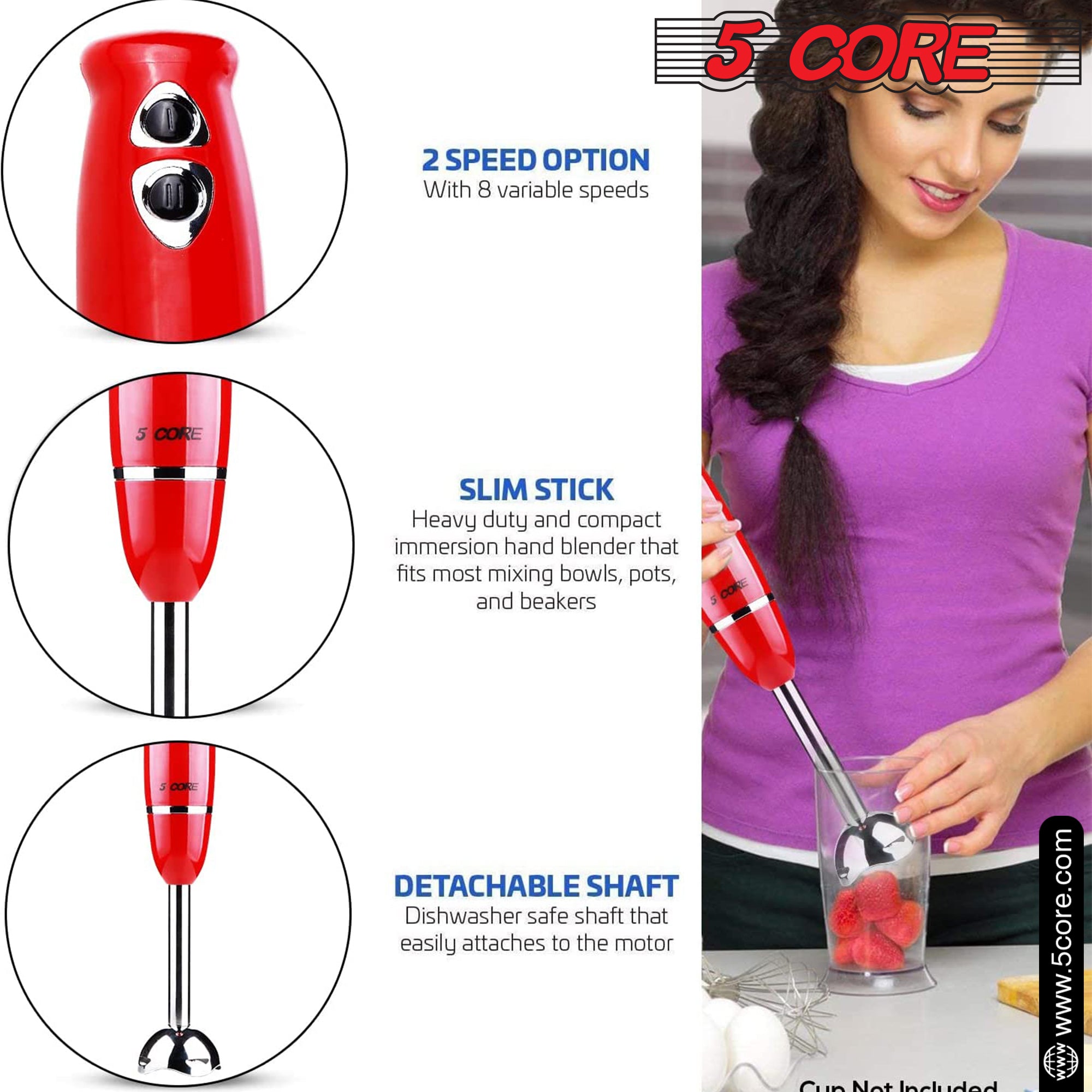 5Core Immersion Hand Blender with a sleek red design and ergonomic handle, showcasing its stainless steel immersion shaft and adjustable speed settings.