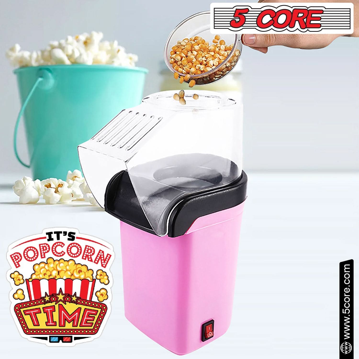 5Core Popcorn Machine in red color, compact design with a capacity of 16 cups, perfect for making healthy popcorn quickly.