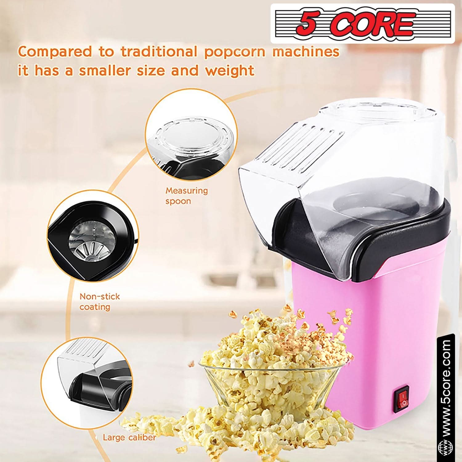 5Core Popcorn Machine in red color, compact design with a capacity of 16 cups, perfect for making healthy popcorn quickly.