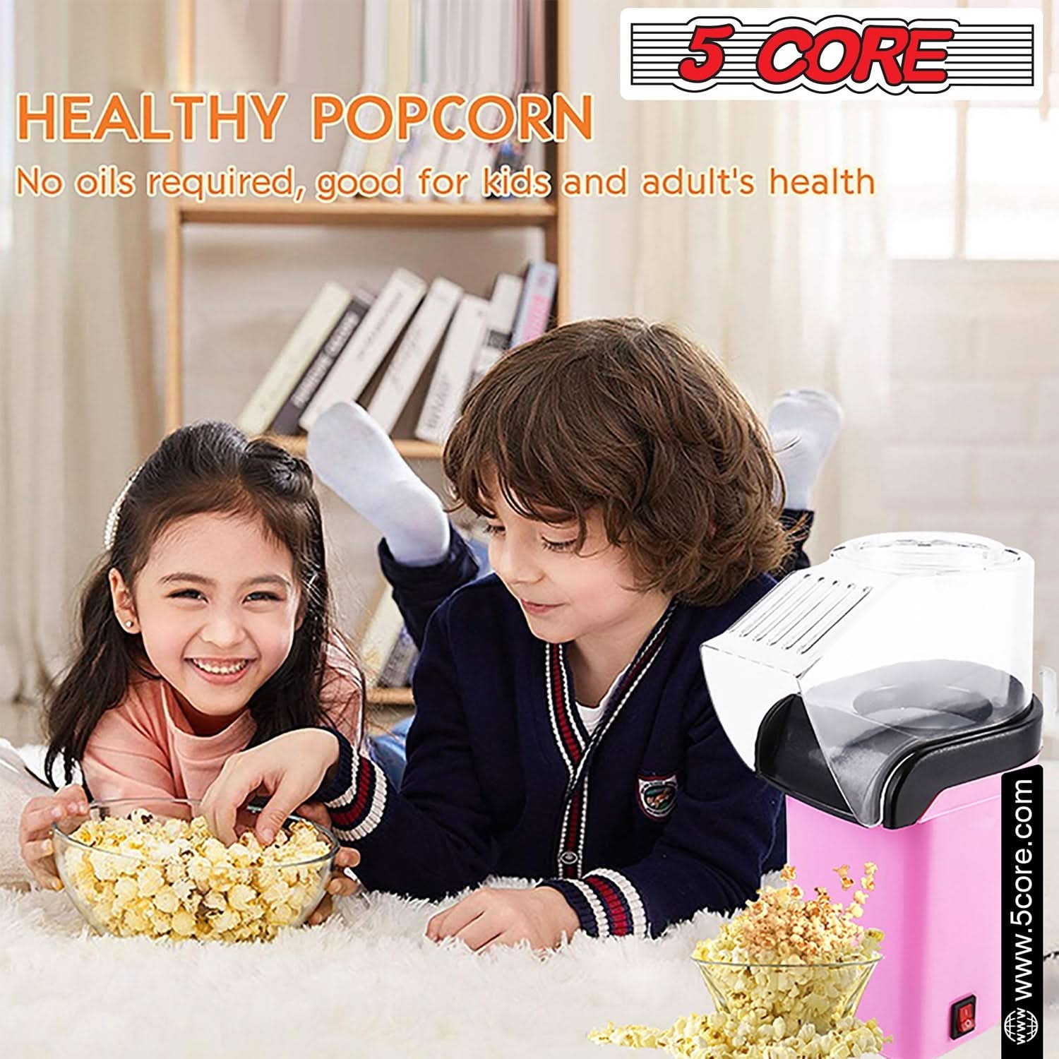 5Core Popcorn Machine in red color, compact design with a capacity of 16 cups, perfect for making healthy popcorn quickly.