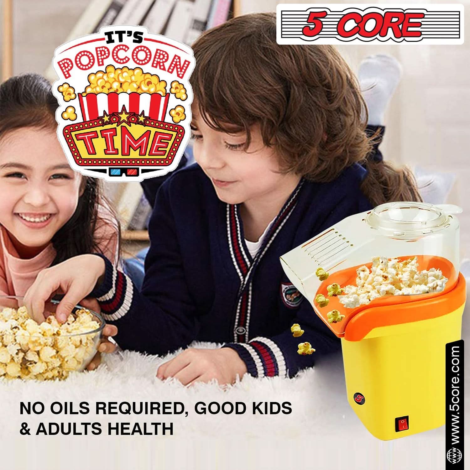 5Core Popcorn Machine in red color, compact design with a capacity of 16 cups, perfect for making healthy popcorn quickly.