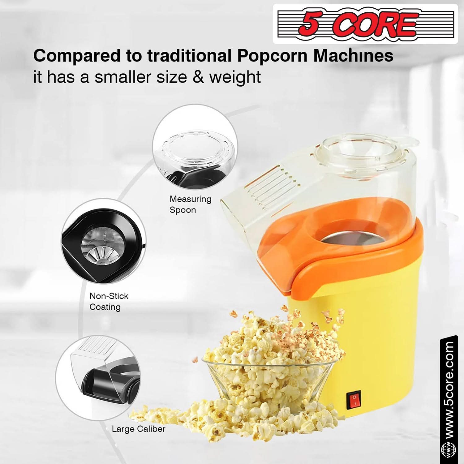 5Core Popcorn Machine in red color, compact design with a capacity of 16 cups, perfect for making healthy popcorn quickly.