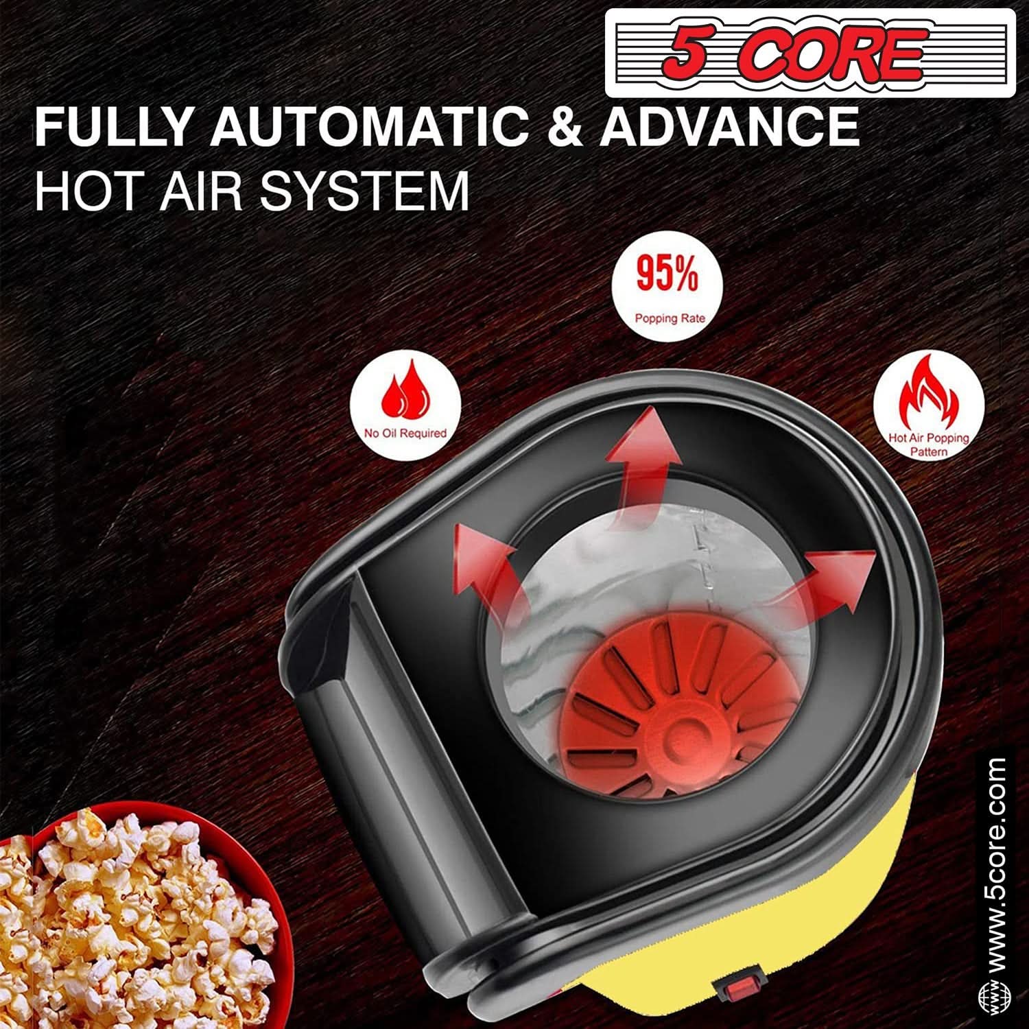 5Core Popcorn Machine in red color, compact design with a capacity of 16 cups, perfect for making healthy popcorn quickly.