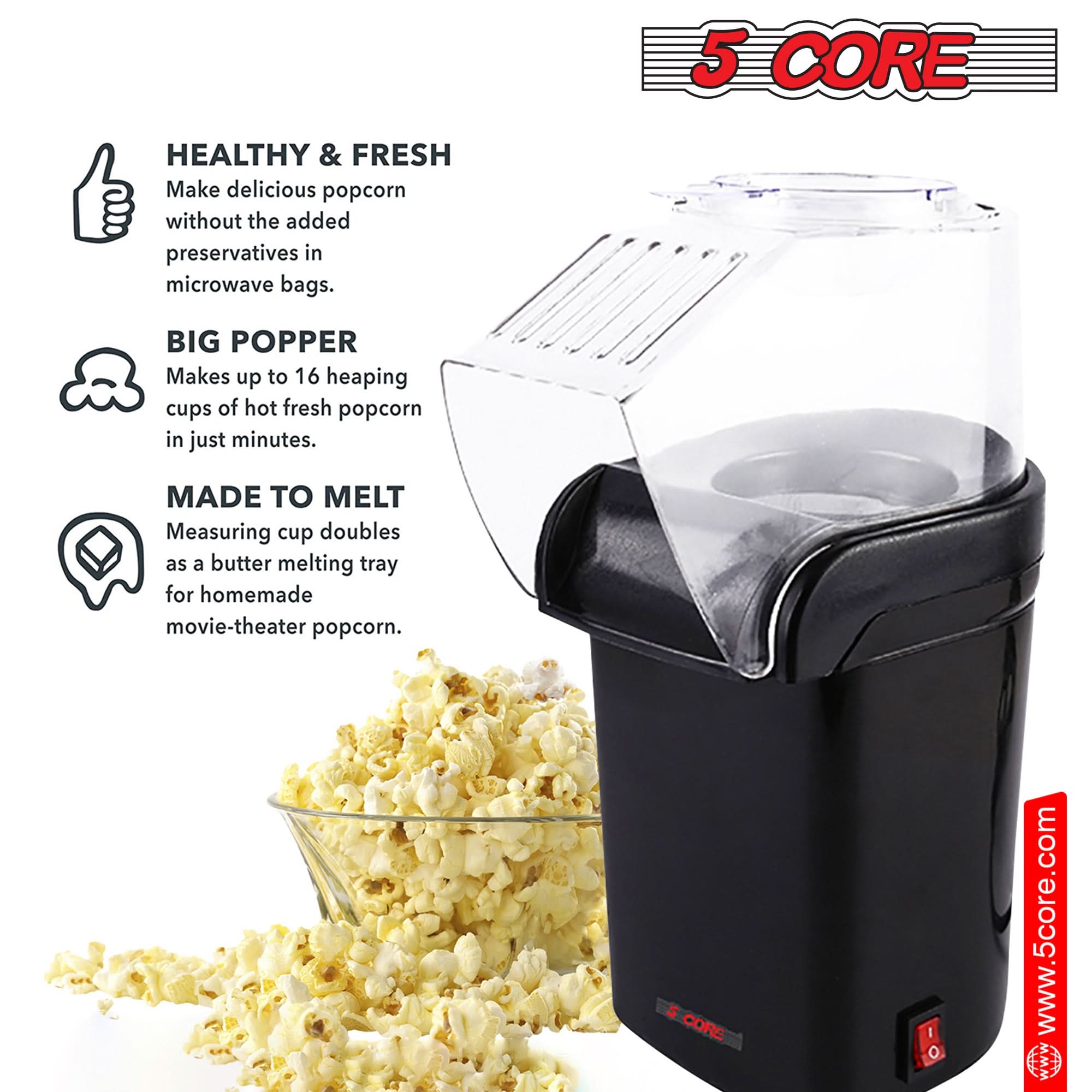 5Core Popcorn Machine in red color, compact design with a capacity of 16 cups, perfect for making healthy popcorn quickly.