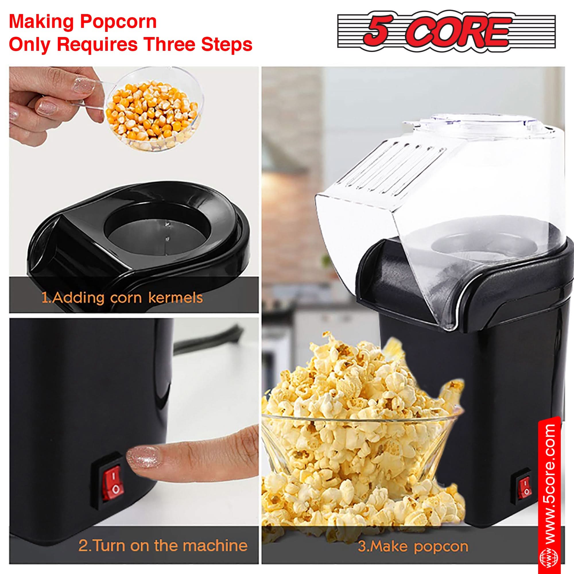 5Core Popcorn Machine in red color, compact design with a capacity of 16 cups, perfect for making healthy popcorn quickly.