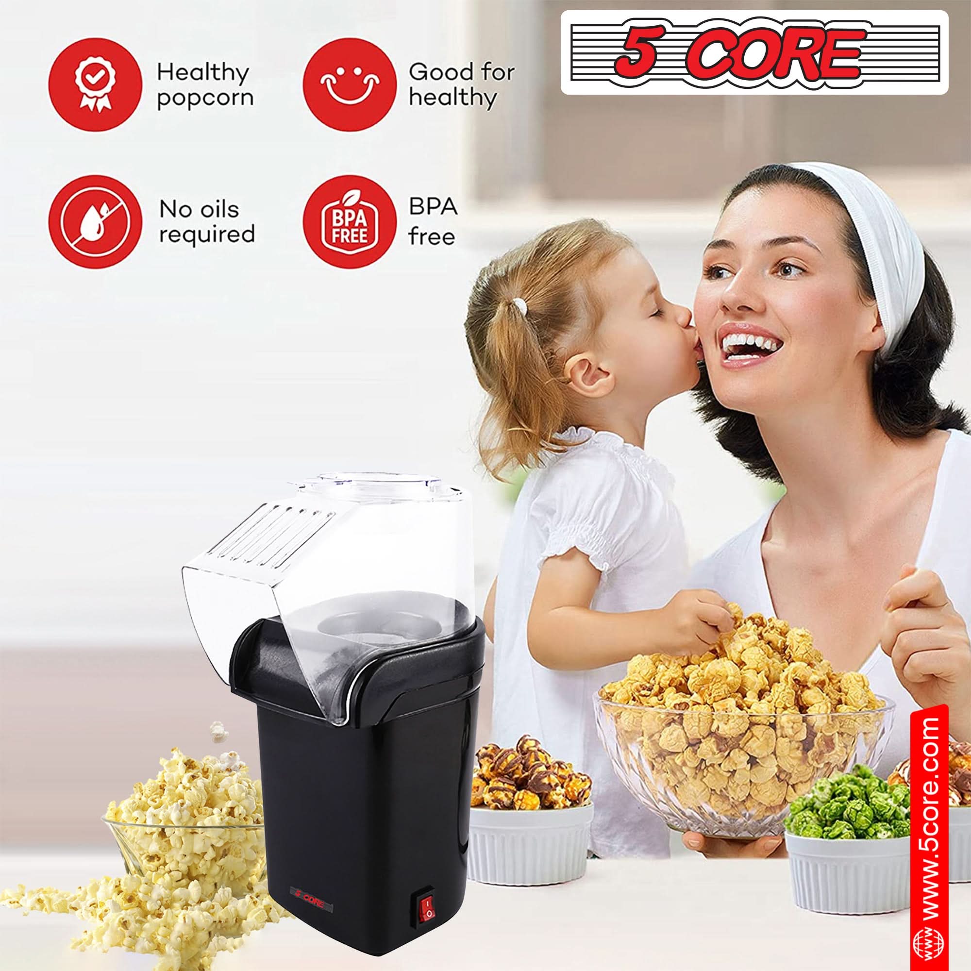 5Core Popcorn Machine in red color, compact design with a capacity of 16 cups, perfect for making healthy popcorn quickly.