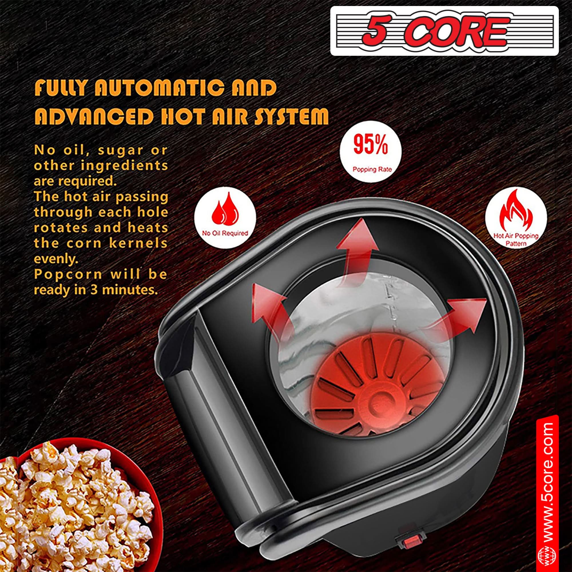 5Core Popcorn Machine in red color, compact design with a capacity of 16 cups, perfect for making healthy popcorn quickly.