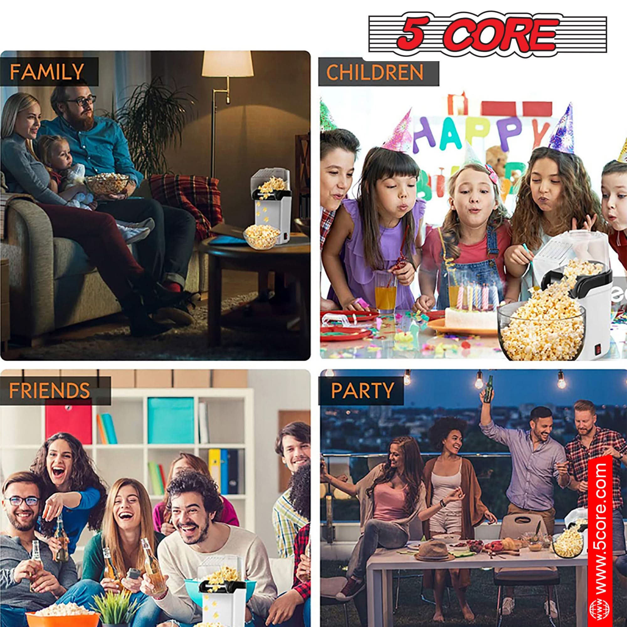 5Core Popcorn Machine in red color, compact design with a capacity of 16 cups, perfect for making healthy popcorn quickly.