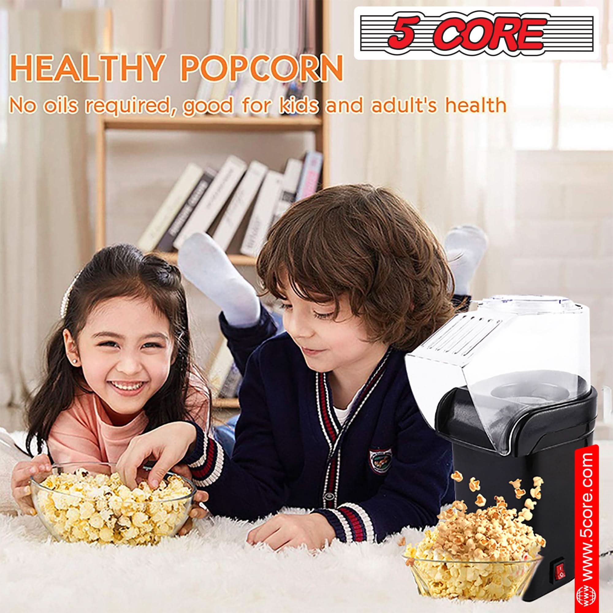 5Core Popcorn Machine in red color, compact design with a capacity of 16 cups, perfect for making healthy popcorn quickly.