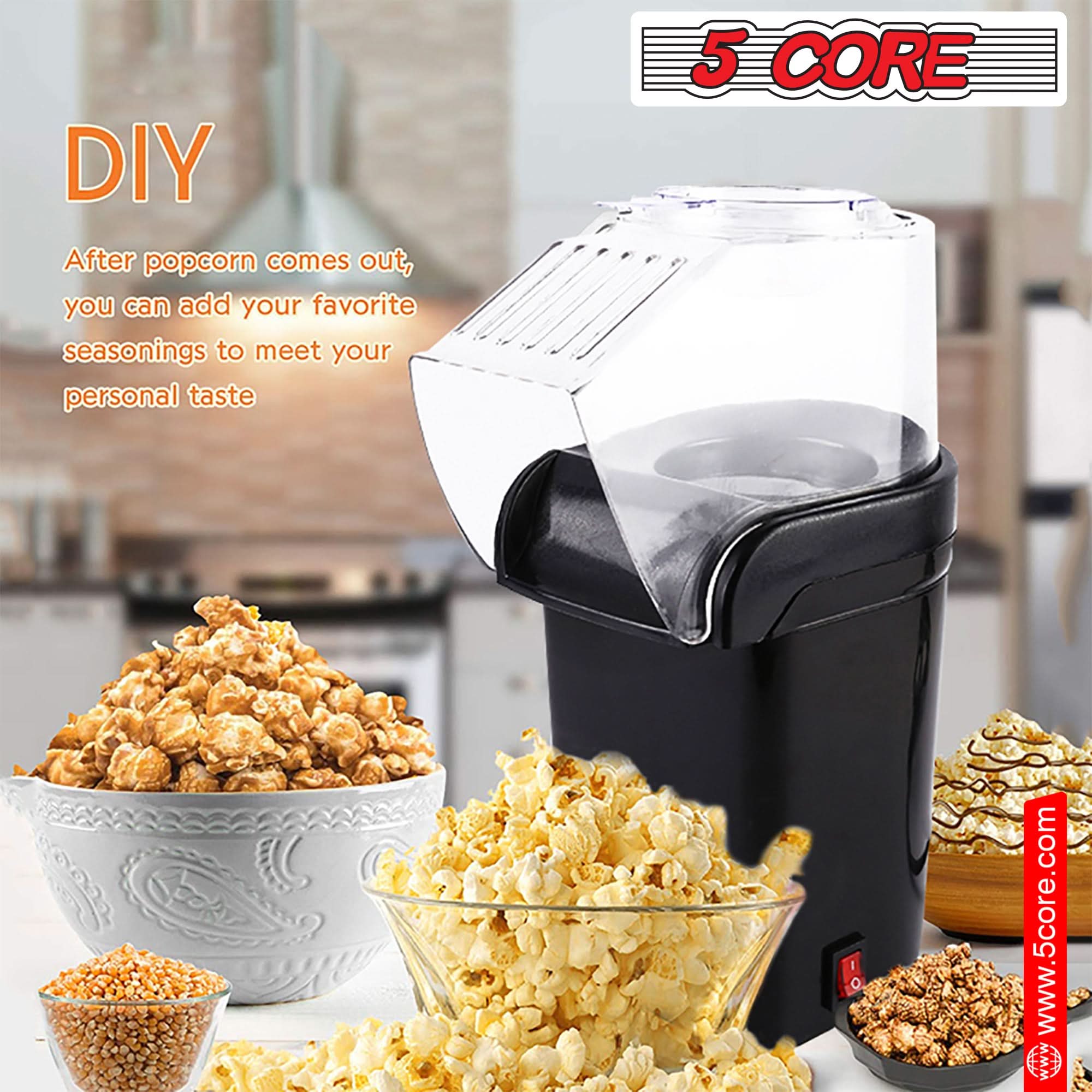 5Core Popcorn Machine in red color, compact design with a capacity of 16 cups, perfect for making healthy popcorn quickly.