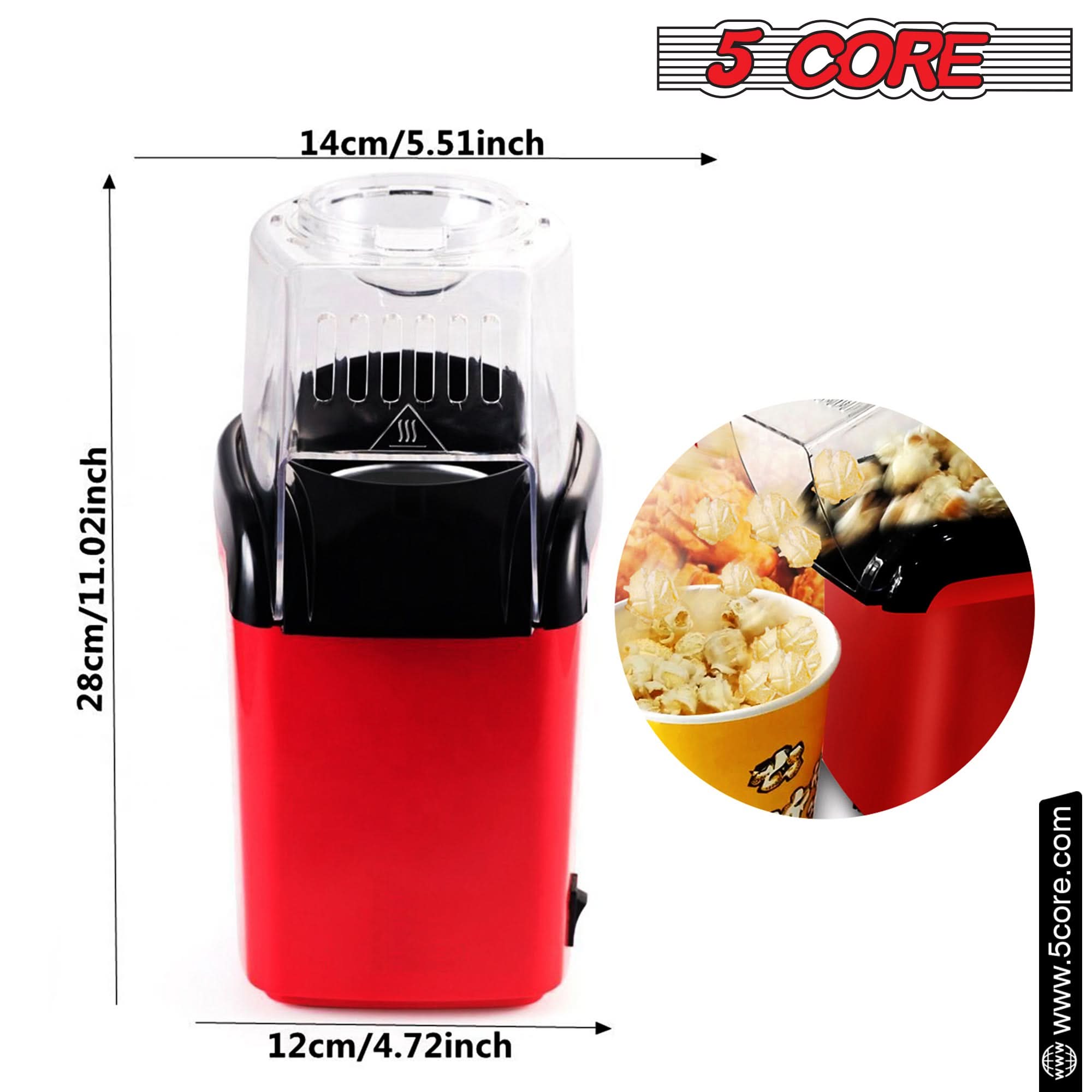 5Core Popcorn Machine in red color, compact design with a capacity of 16 cups, perfect for making healthy popcorn quickly.