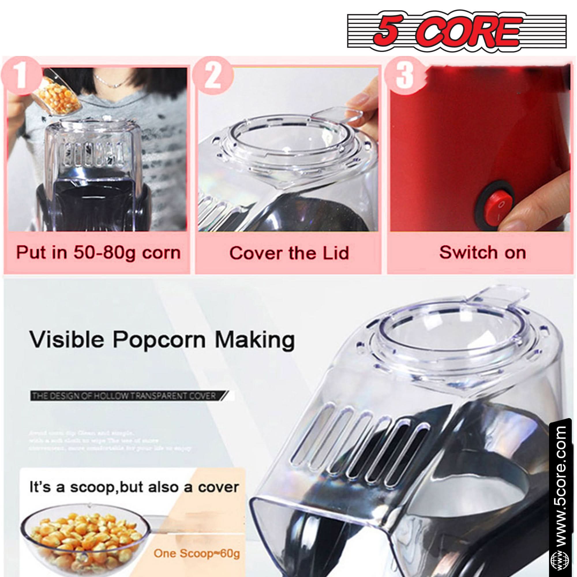 5Core Popcorn Machine in red color, compact design with a capacity of 16 cups, perfect for making healthy popcorn quickly.