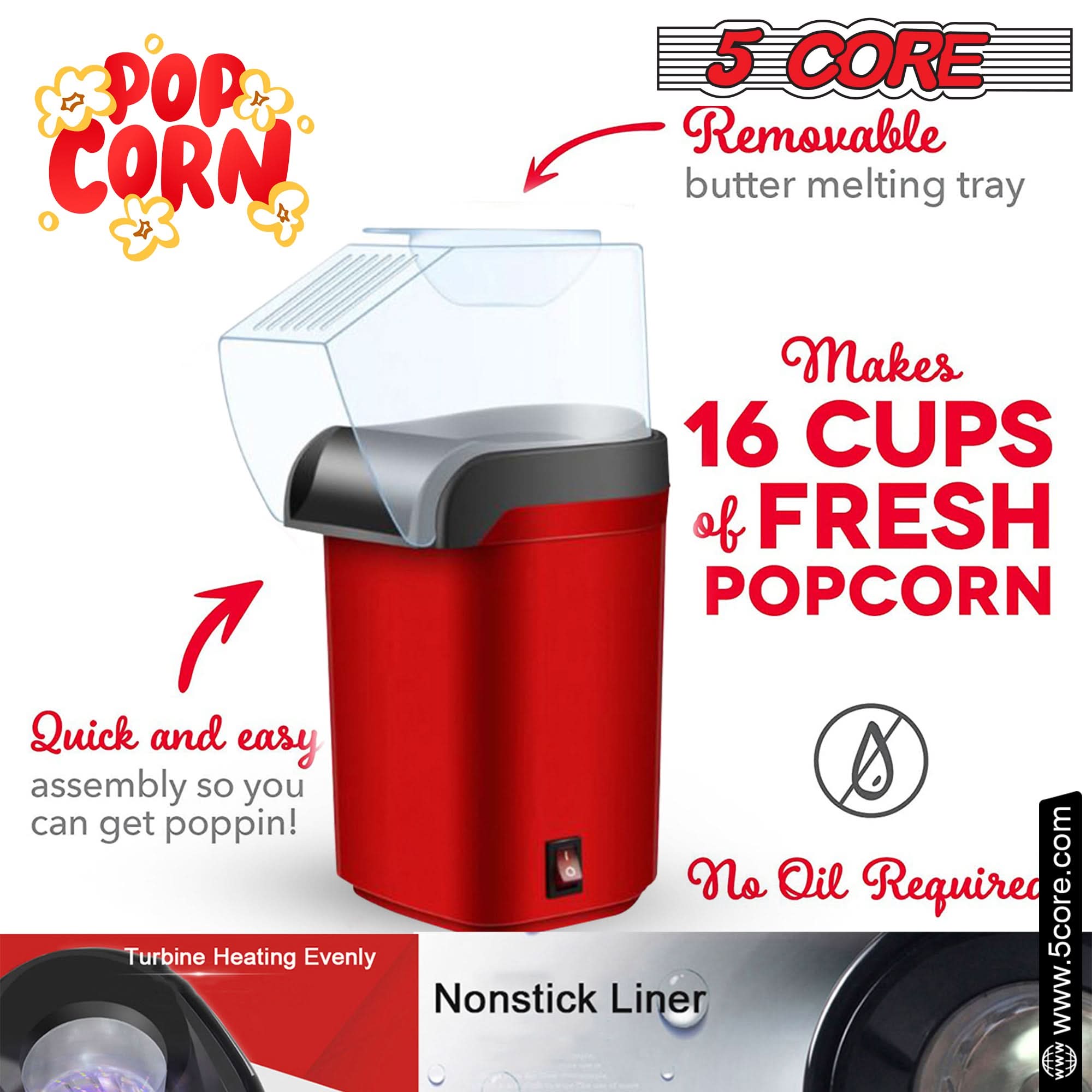 5Core Popcorn Machine in red color, compact design with a capacity of 16 cups, perfect for making healthy popcorn quickly.